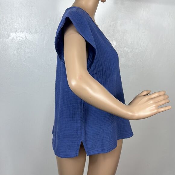 Three Dots Short Sleeve V-Neck Double Layer Cotton Gauze Shirt Size M - Picture 3 of 9